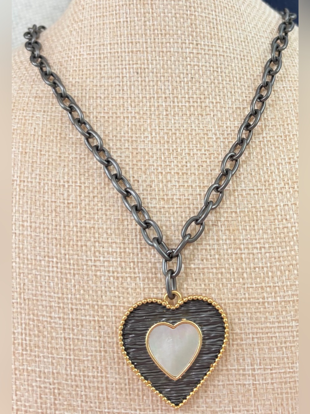 NEW Matte Gold and Matte Gunmetal Mother of Pearl Heart Pendant Necklace 16”-18”
